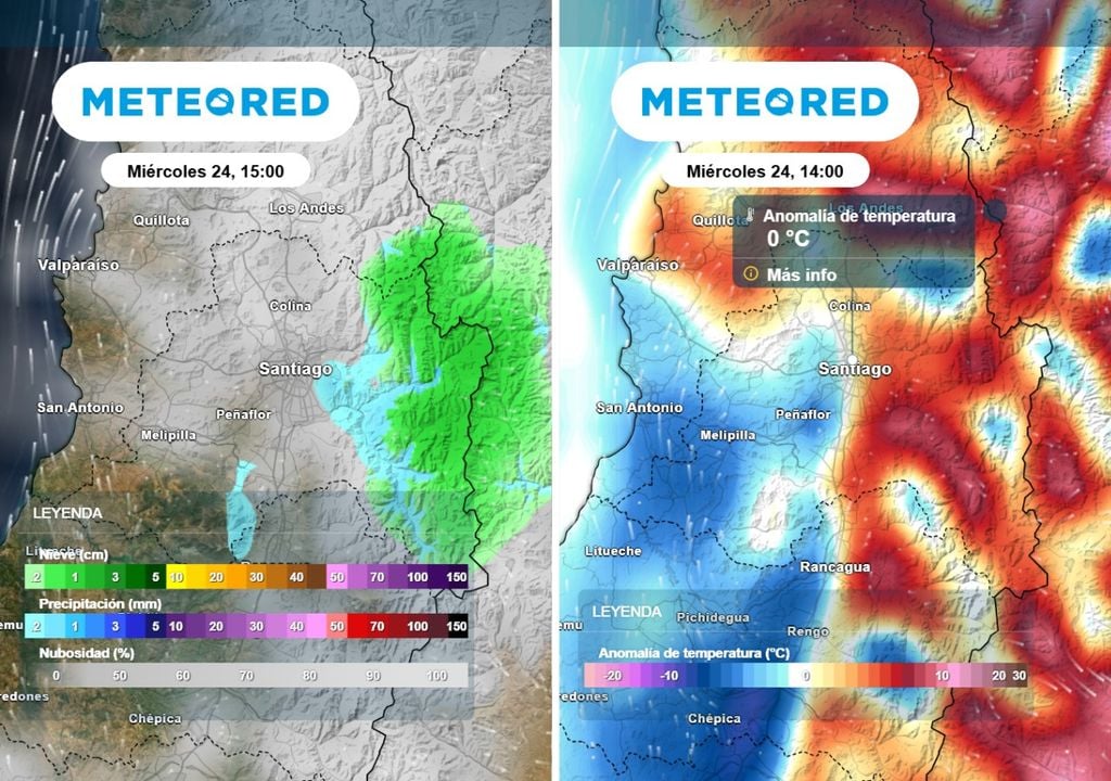 Este miércoles el ECMWF prevé chubascos y nieve en cordillera, mientras en Santiago las temperaturas se comportarán acorde a lo esperado.