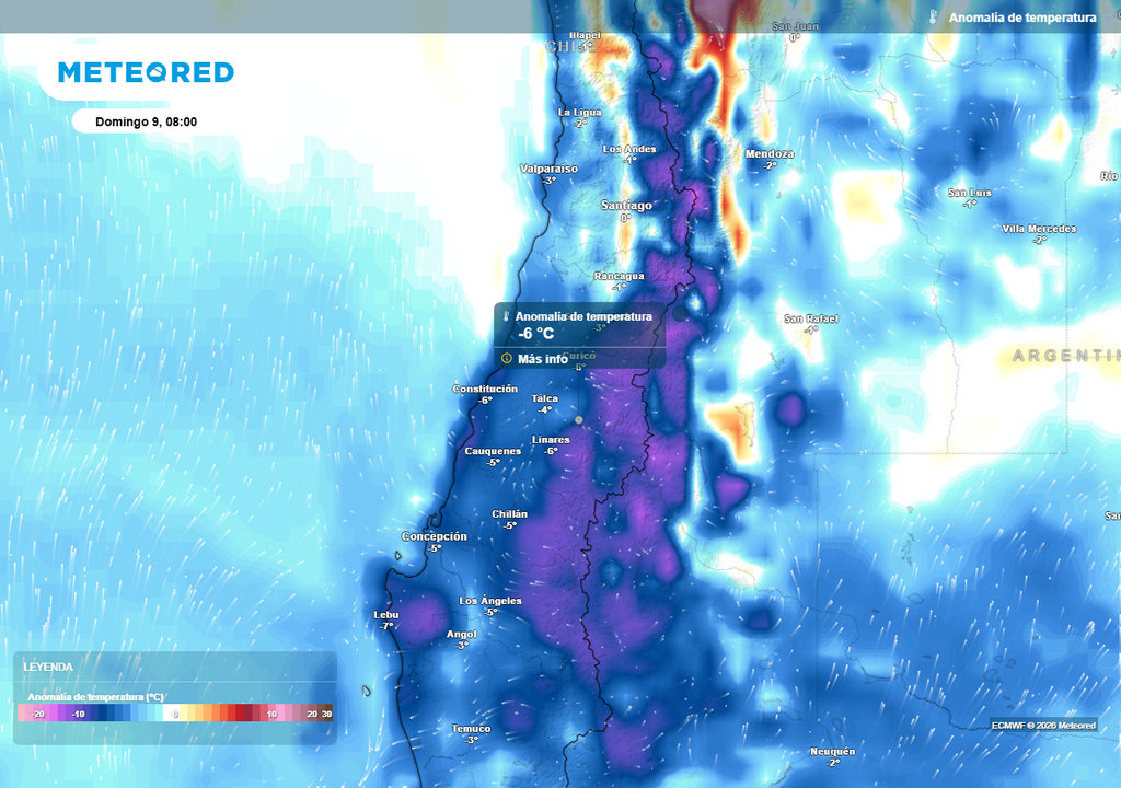 Una masa de aire frío se posisicionará sobre Chile central provocando un descenso generalizado de las temperaturas durante el fin de semana.