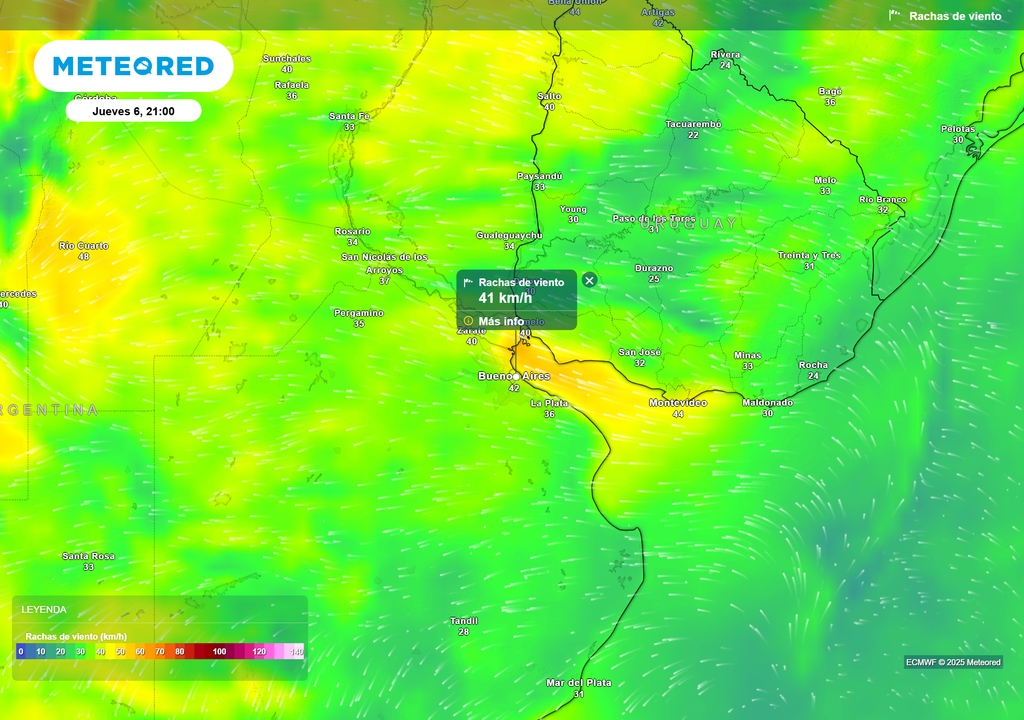 Rachas de viento Jueves 6 de noviembre a las 21 h