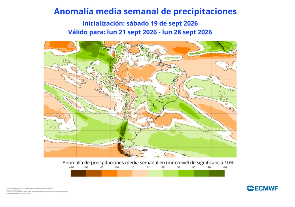 Precipitaciones El modelo europeo marca un incremento importante de las lluvias en la zona central la próxima semana: Santiago se encontraría en el límite de las precipitaciones.