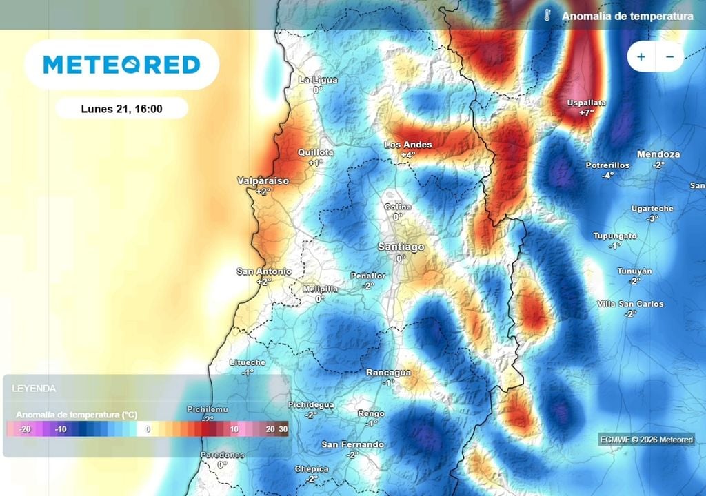 Anomalías de temperatura Este lunes 21 las temperaturas máximas en la RM se mantendrían entre normales y bajo lo normal para esta etapa de septiembre: en Santiago rondarían los 18 °C.