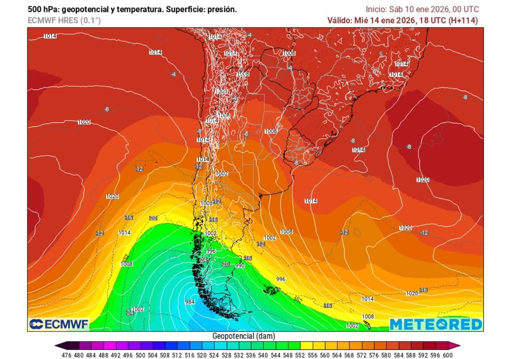 carta de temperatura y geopotencial en 500 hPa