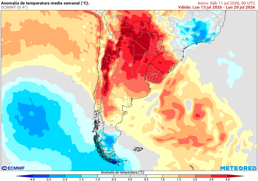 Pronóstico, Clima, Tiempo, Argentina, ECMWF, Ola Polar, Temperaturas, Anomalía, Lluvias, Pampeana, Frío, Invierno, Meteorología, Servicio Meteorológico Nacional Anomalía de temperatura prevista para los próximos 7 días según el modelo ECMWF