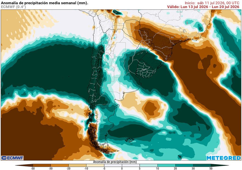 Pronóstico, Clima, Tiempo, Argentina, ECMWF, Ola Polar, Temperaturas, Anomalía, Lluvias, Pampeana, Frío, Invierno, Meteorología, Servicio Meteorológico Nacional Anomalía de precipitaciones prevista para los próximos 7 días según el modelo ECMWF