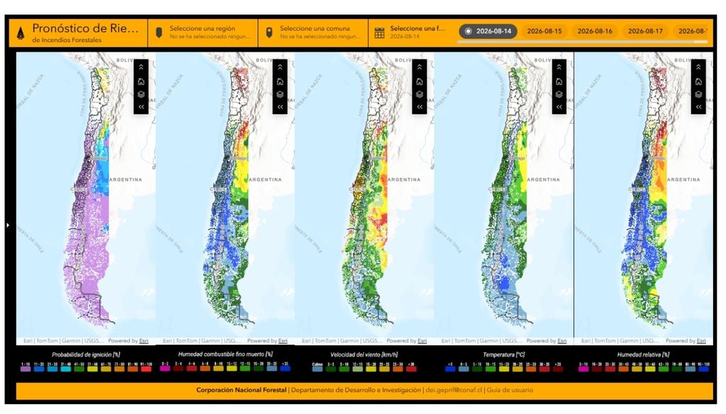 CONAF CONAF monitorea variables como la humedad del combustible fino muerto, la probabilidad de ignición, el viento, la temperatura y la humedad relativa para identificar condiciones favorables para la ocurrencia y propagación de incendios forestales.