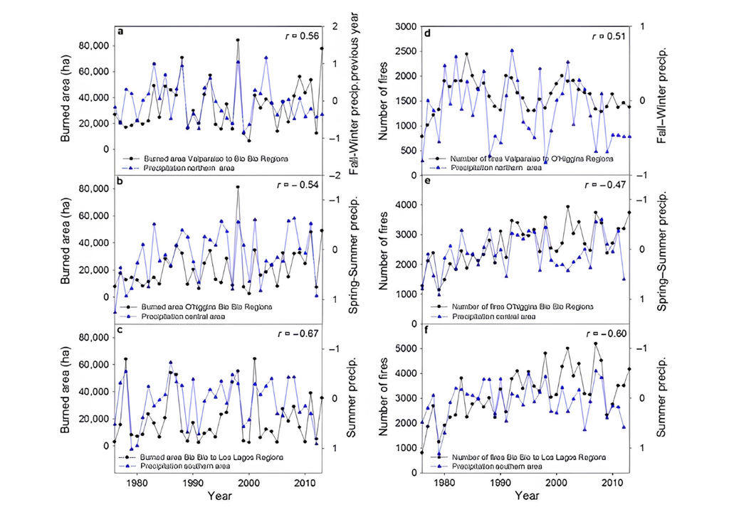 En Chile central, inviernos más lluviosos pueden favorecer mayor vegetación, que al secarse en primavera y verano puede convertirse en combustible para incendios. Créditos: Climate variability and forest fires in central and south-central Chile, revista Ecosphere.
