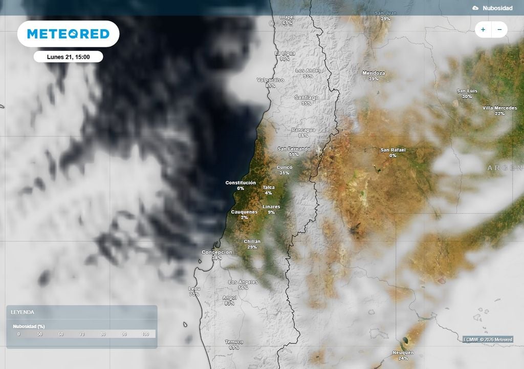 Durante el lunes tanto el tramo norte como el tramo sur de la zona central estarán bajo la presencia de nubosidad. Sin embargo, el Maule y Ñuble tendrán tardes con cielos despejados.
