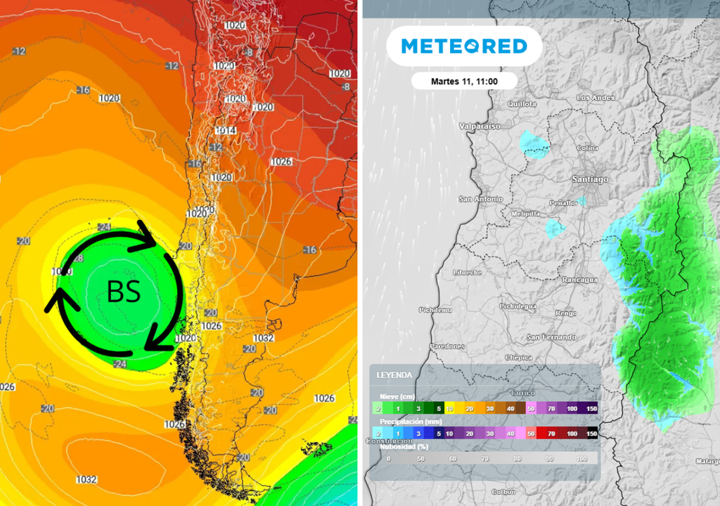 carta de geopotencial y temperatura en 500 hPa / mapa de precipitación Este martes tendremos la influencia de una baja segregada en gran parte del norte de Chile, aunque su efecto podría llegar también a una parte de la cordillera central.