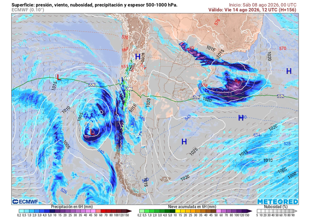 carta de presión en superficie y precipitación Para finalizar la semana, un ciclón extratropical -o sistema frontal- dejará precipitaciones en el territorio central.