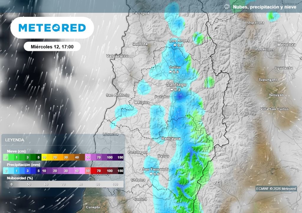 ECMWF Aunque con acumulados bajos, las lluvias podrían comenzar a llegar desde el miércoles próximo a la Región Metropolitana.