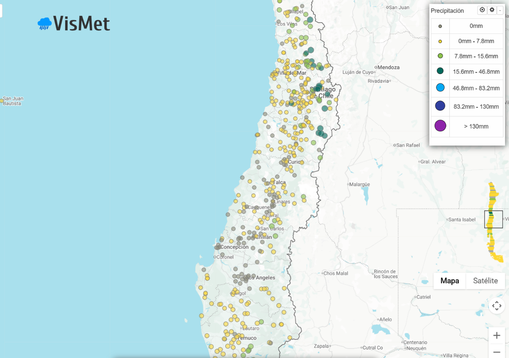 Precipitaciones acumuladas registradas en la zona central de Chile hasta la mañana de este lunes 17 de agosto. Los montos presentan una distribución irregular, con sectores de precordillera que ya superaban los 15 mm. Fuente: VisMet.