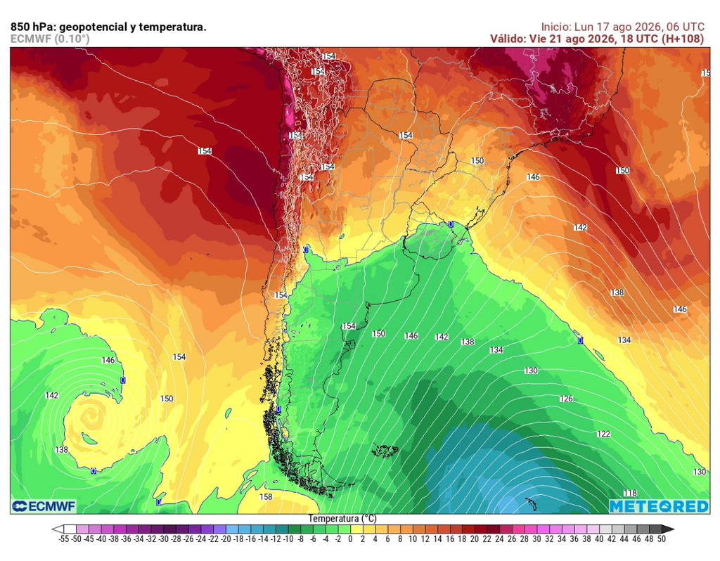 La señal también se aprecia en el nivel de 850 hPa, donde el modelo proyecta el ingreso de aire relativamente más cálido sobre Chile central hacia el viernes 21, respaldando este repunte de las temperaturas en superficie.