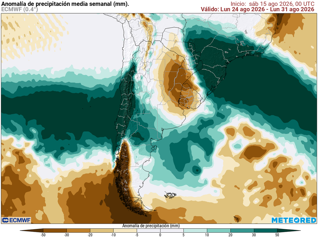 ECMWF Anomalías El modelo europeo continúa mostrando una señal de lluvias: entre el 24 y el 31 de agosto las precipitaciones serían sobre el promedio histórico en Santiago.