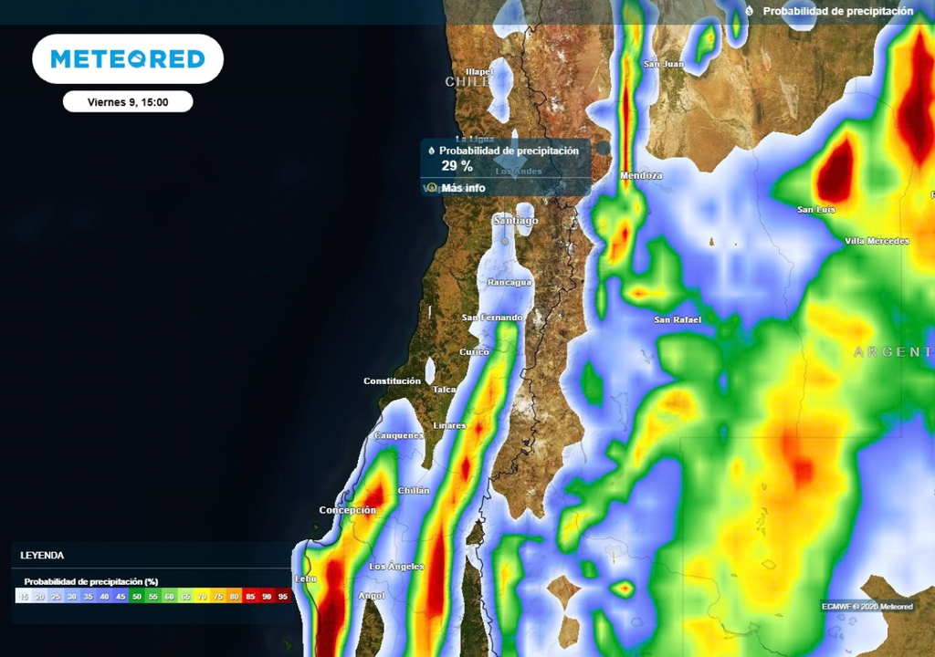 probabilidad de precipitaciones La probabilidad de chubascos disminuye hacia la tarde de este viernes en la RM.