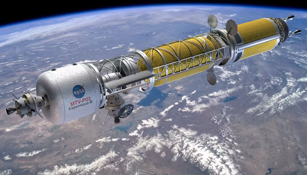 Ilustración que muestra cómo podría ser un cohete de propulsión nuclear que la NASA podría desarrollar. Crédito: Wikicommons.
