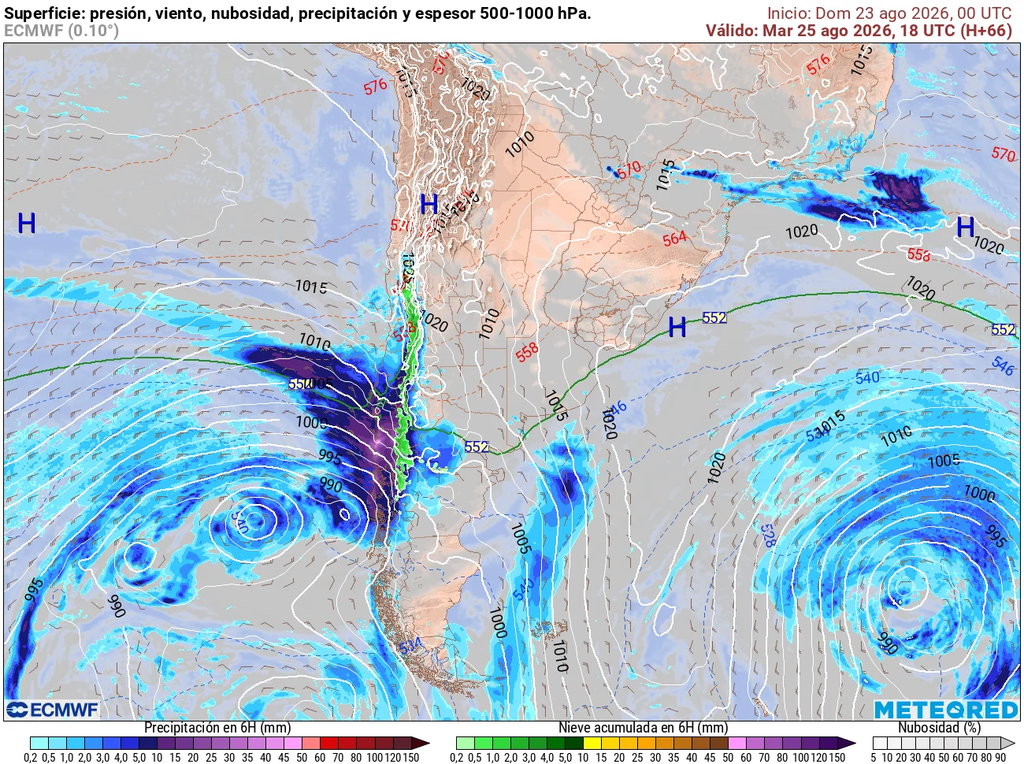 Segundo sistema frontal impactando en el centro-sur del país, activando las rachas de viento y precipitaciones más intensas de la semana.