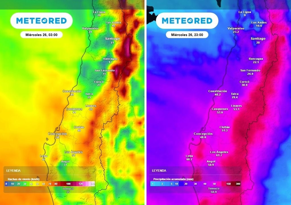 Lo más intenso del viento y las precipitaciones acumuladas serán en el centro sur del país, desde el Maule hasta el Biobío.