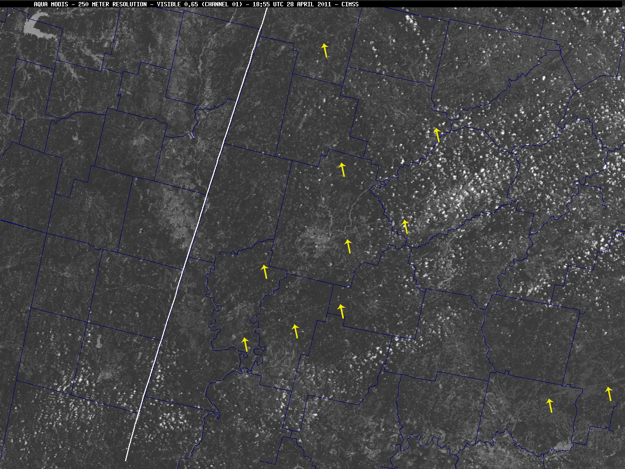 Trayectoria dejada por los tornados asesinos del 28 de abril de 2011 vista por MODIS