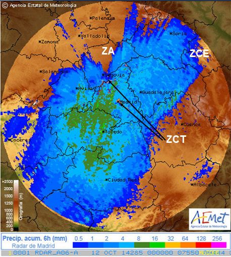 La imagen de la ACC6h del radar de Madrid: estimación de la precipitación entre las 18 y 24 UTC del 11 de octubre de 2014.