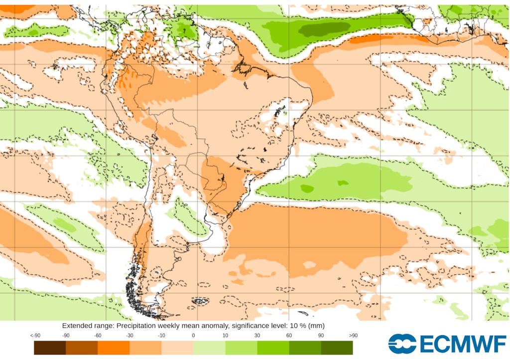 Previsão de anomalia de acumulados de chuva para a próxima semana. Previsão de anomalia de acumulados de chuva para a próxima semana.