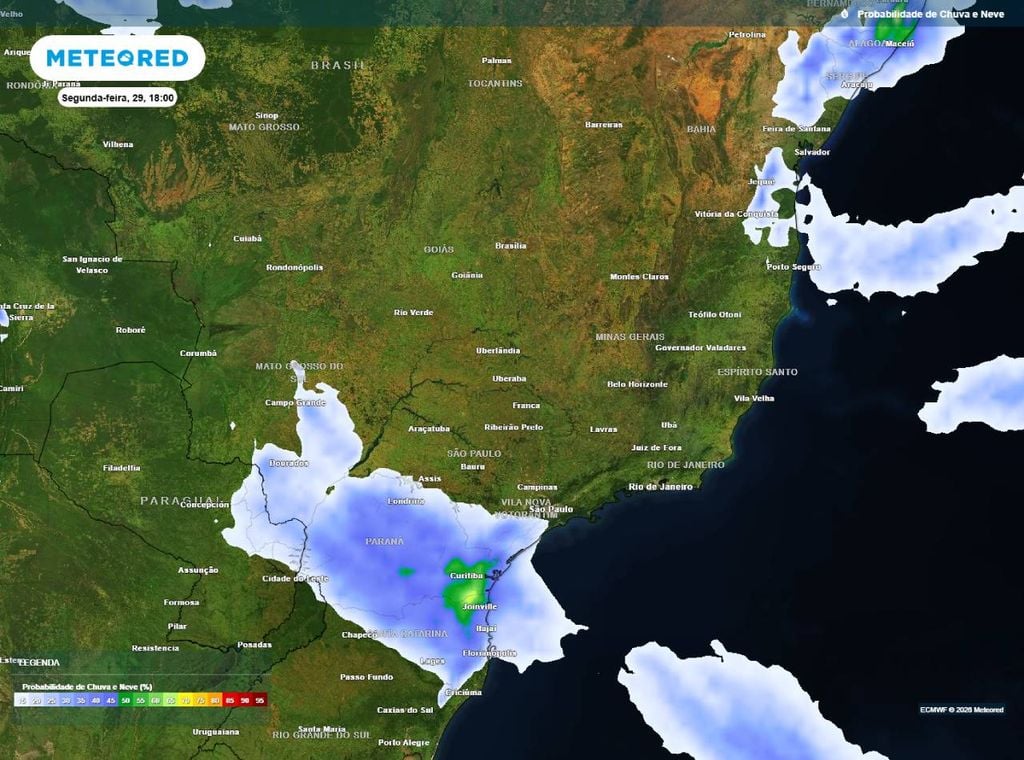 Previsão da probabilidade de precipitação (%) para segunda-feira (29) às 18h, segundo o modelo europeu ECMWF.