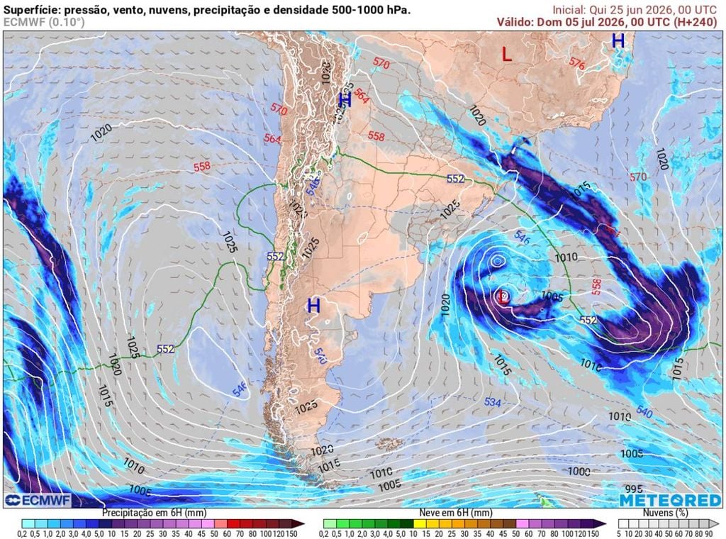 Previsão do modelo europeu ECMWF mostra no dia 5 de julho uma frente fria avançando pelo Sul do Brasil. A tendência é de que o sistema avance posteriormente para o Sudeste do país também.