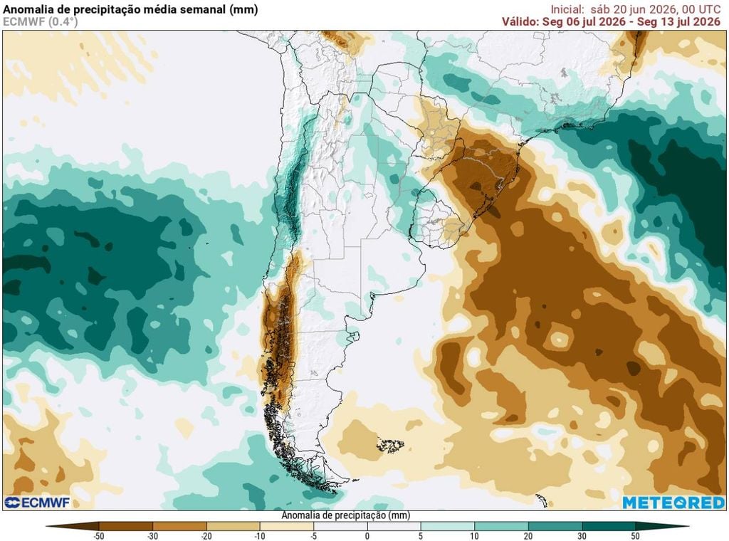 Previsão de anomalias médias semanais de precipitação (em mm) entre os dias 6 e 13 de julho, segundo o modelo europeu ECMWF.