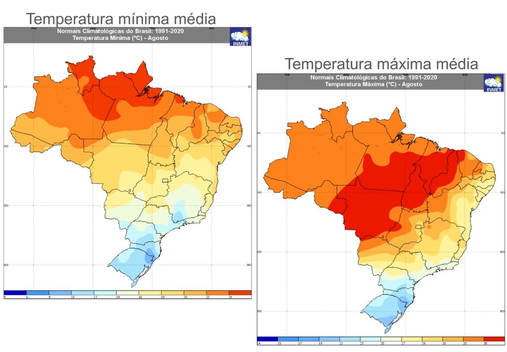 Temperatura mínima (esquerda) e máxima (direita) média para agosto no Brasil, considerando o período de 1991-2020. Créditos: INMET. Temperatura mínima (esquerda) e máxima (direita) média para agosto no Brasil, considerando o período de 1991-2020. Créditos: INMET.