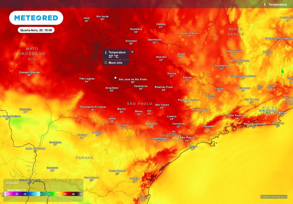 Previsão de temperatura máxima na quarta-feira (20), de acordo com o ECMWF. Previsão de temperatura máxima na quarta-feira (20), de acordo com o ECMWF.