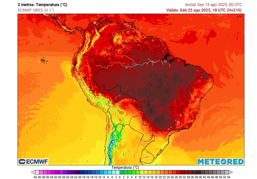 Previsão de temperatura máxima no sábado (23), de acordo com o ECMWF. Previsão de temperatura máxima no sábado (23), de acordo com o ECMWF.