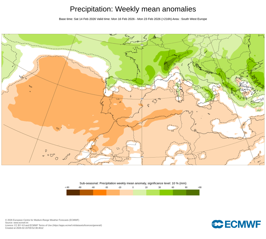 Anomalías semanales de precipitación para el periodo del 16 al 22 de febrero de 2026: verdes para anomalías positivas de precipitación y naranjas para negativas. ECMWF