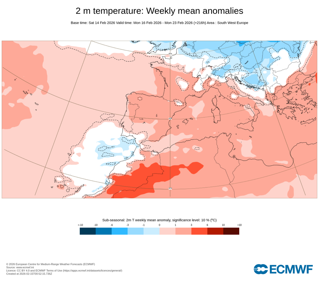Anomalías semanales de temperatura para el mismo periodo y respecto a la media: cálidas en escala de rojos y frías en escala de azules. ECMWF