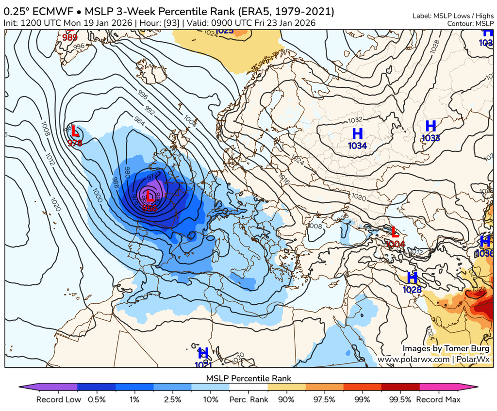 Las bajas presiones asociadas a las borrascas previstas pueden alcanzar valores casi de récord para las fechas y las zonas coloreadas en azul intenso y violeta: arriba, para el 21 de enero 2026 a las 15 UTC y abajo, para el 23 de enero de 2026 09 UTC. Fuente: Tomer Burg