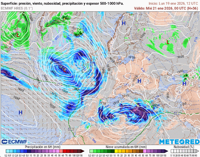 Presión en superficie y precipitaciones, en escala de colores, previstas para el 21 de enero de 2026 Tiempo.com