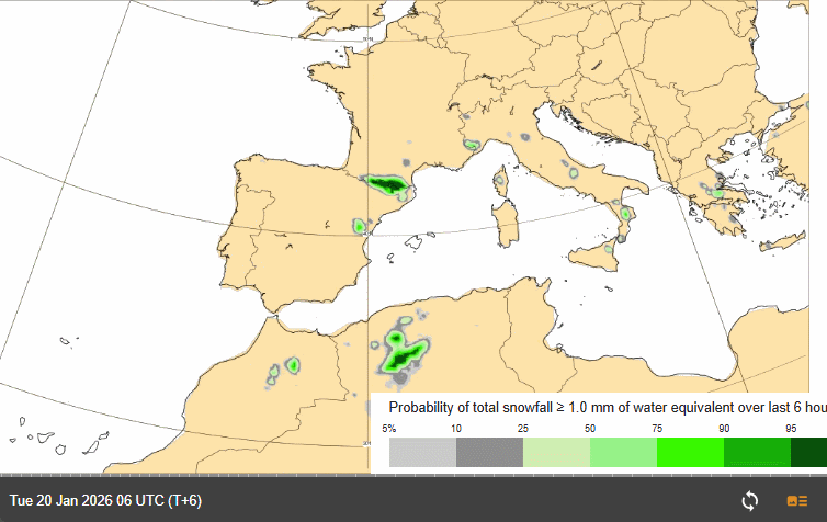 Probabilidad de que nieve más de 1 mm en las 6 hora anteriores al tiempo de validez en escala de colores. ECMWF