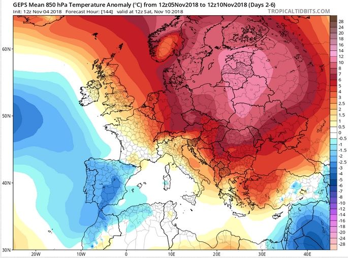 Foto 3: Mapa de anomalías de temperaturas en 850 hPa para el periodo 5-10 de noviembre de 2018 Foto 3: Mapa de anomalías de temperaturas en 850 hPa para el periodo 5-10 de noviembre de 2018