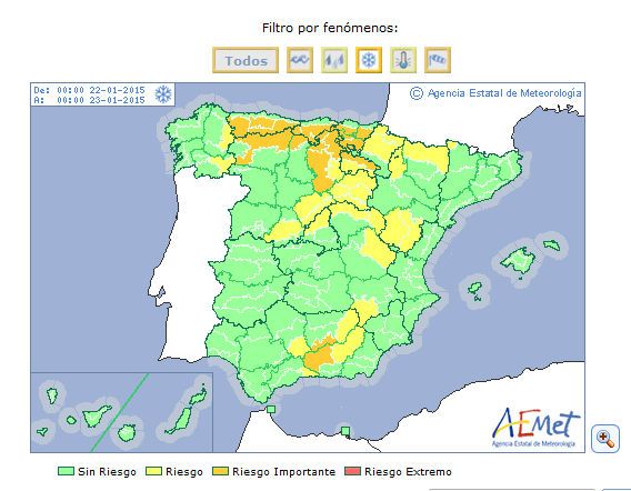 Tren De Ondas Frías Con Nevadas En El Norte Avisos de AEMET para los días 21, arriba, y 22, abajo, de enero de nevadas