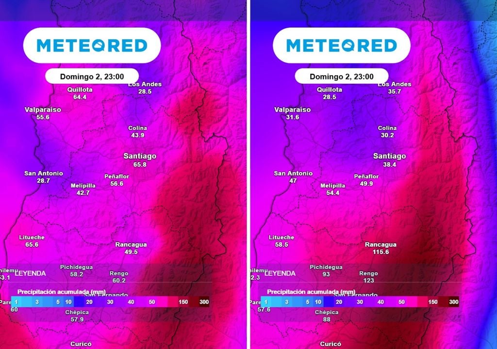 Precipitación acumulada Santiago podría superar más de 30 mm entre viernes y domingo, según el modelo ECMWF (imagen izquierda) y GFS (imagen derecha).
