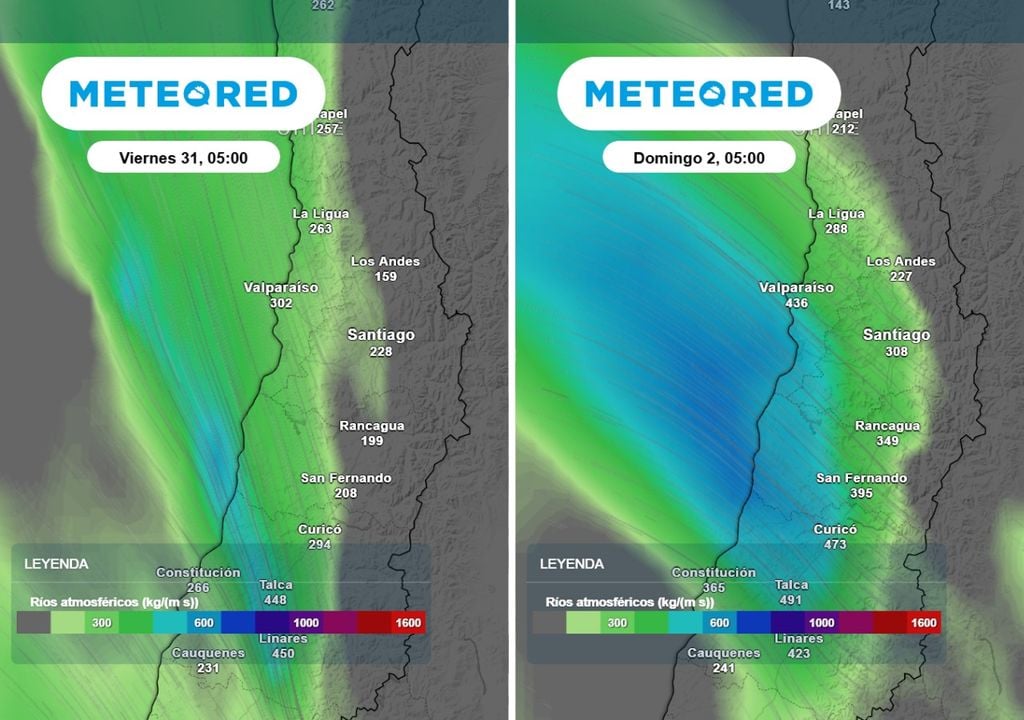Ríos atmosféricos Tanto el viernes como el domingo, un río atmosférico potenciará las lluvias en el centro de Chile.