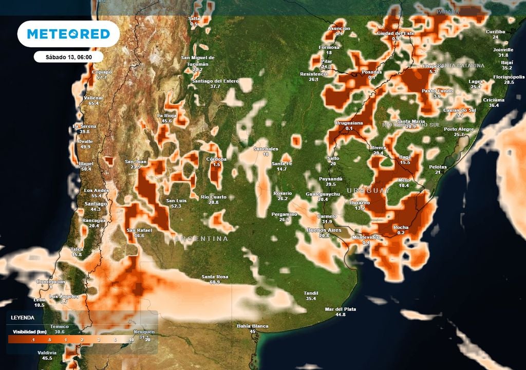 Mapa Nieblas Atención si viajás temprano el sábado: en el mapa se distinguen las zonas con visibilidad reducida a las 6 AM
