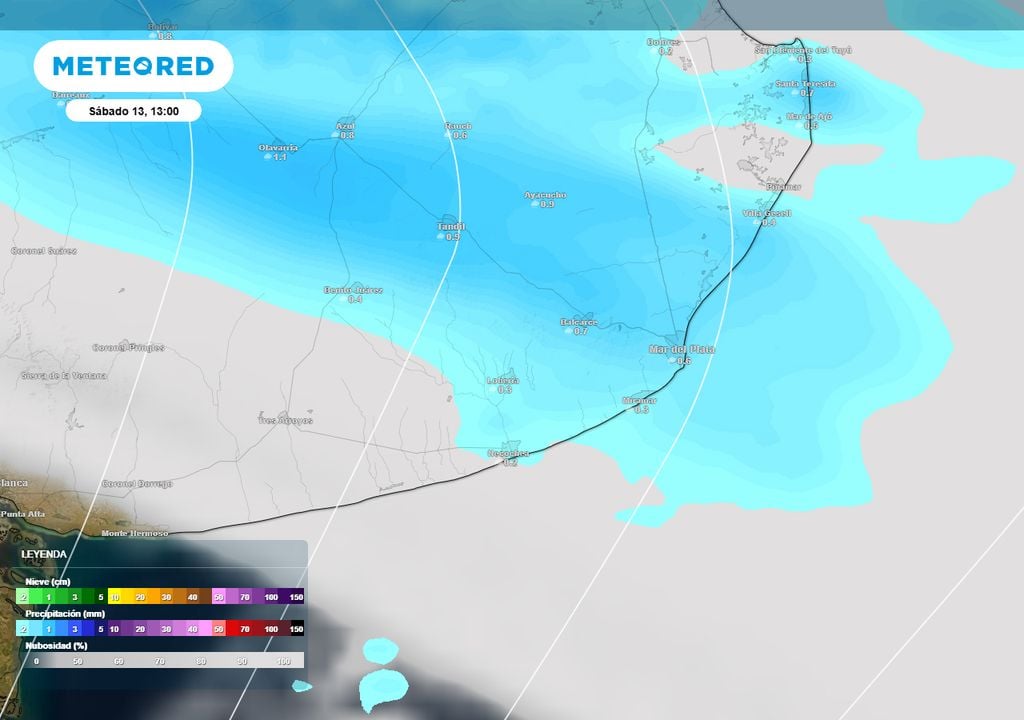 Lluvias MDQ Mapa con la previsión de precipitaciones para el sábado en la costa atlántica bonaerense