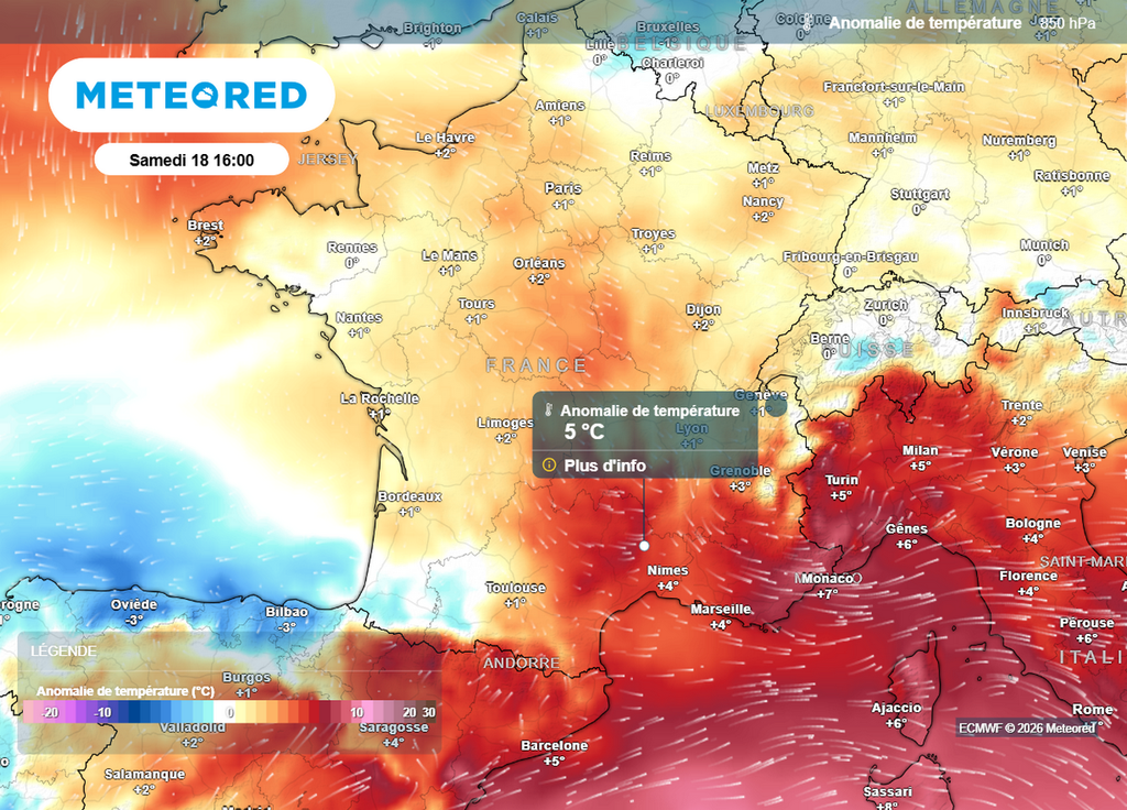 C'est en allant vers le sud-est que les températures resteront les plus élevées en altitude comme au sol cet après-midi