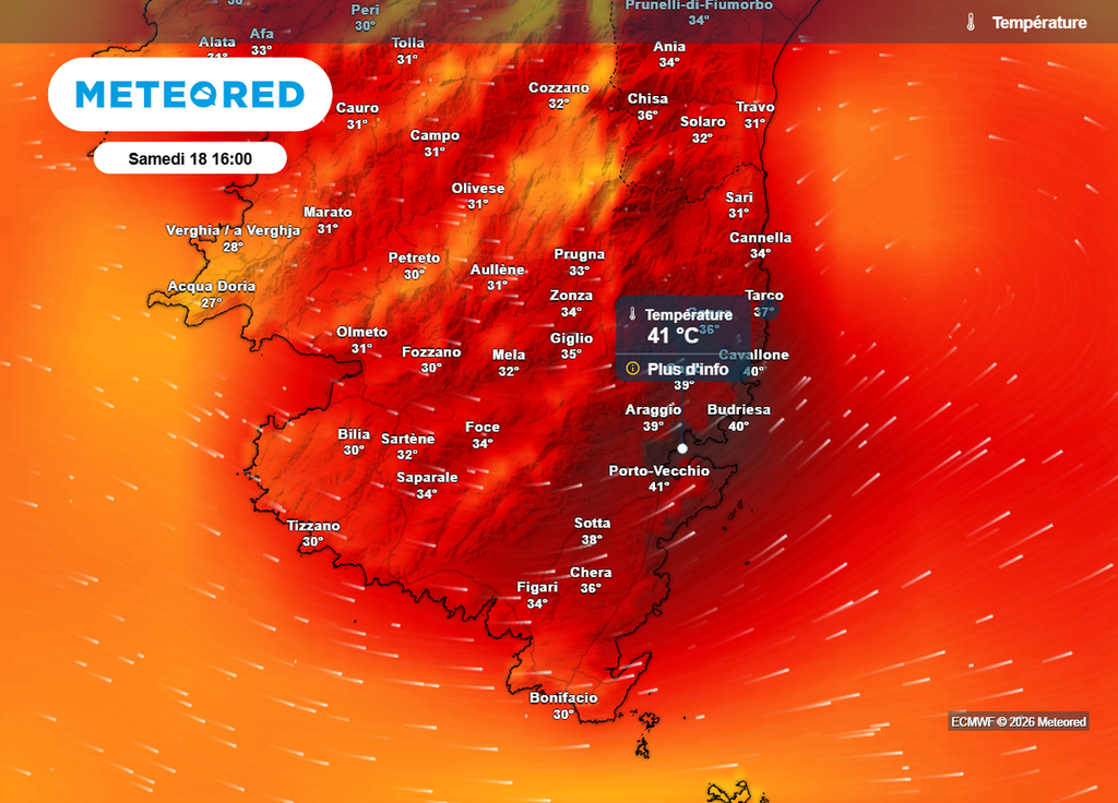 Le foehn fera également s'envoler les températures sur le sud de la Corse, notamment dans la région de Porto-Vecchio où des pointes à 40 voir 41°C seront possibles cet après-midi