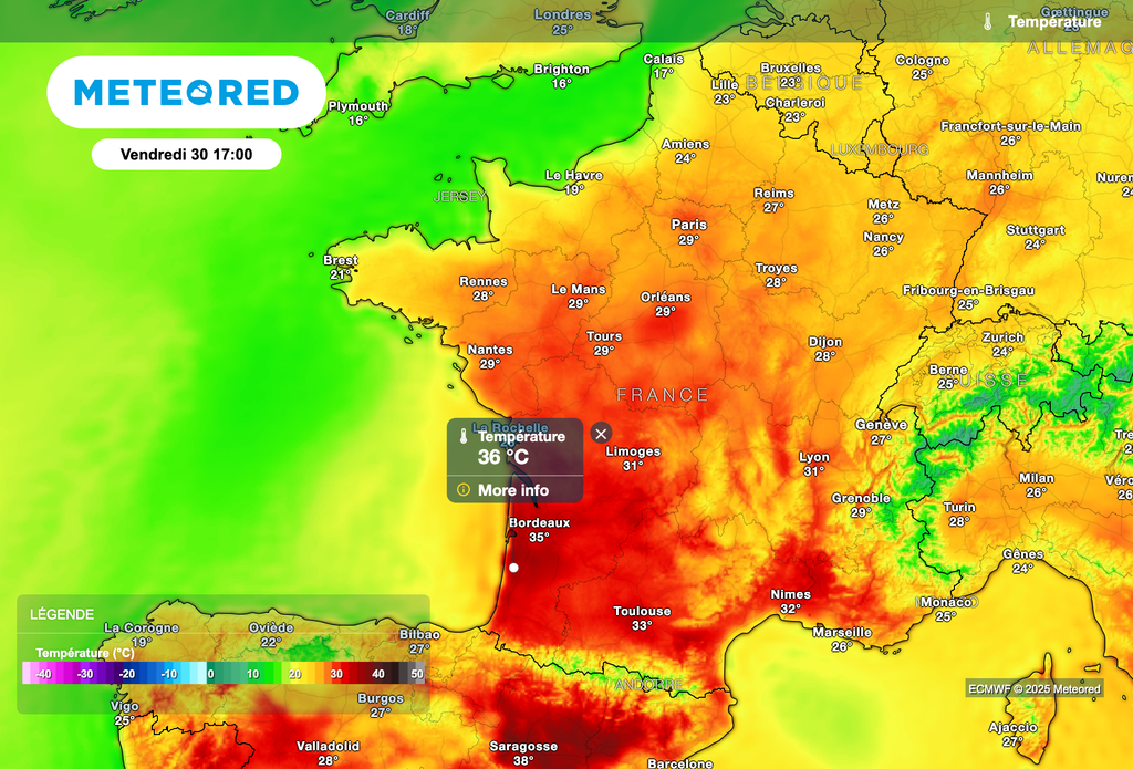 36 à 37 degrés prévus localement dans le sud-ouest de la France cet après-midi.