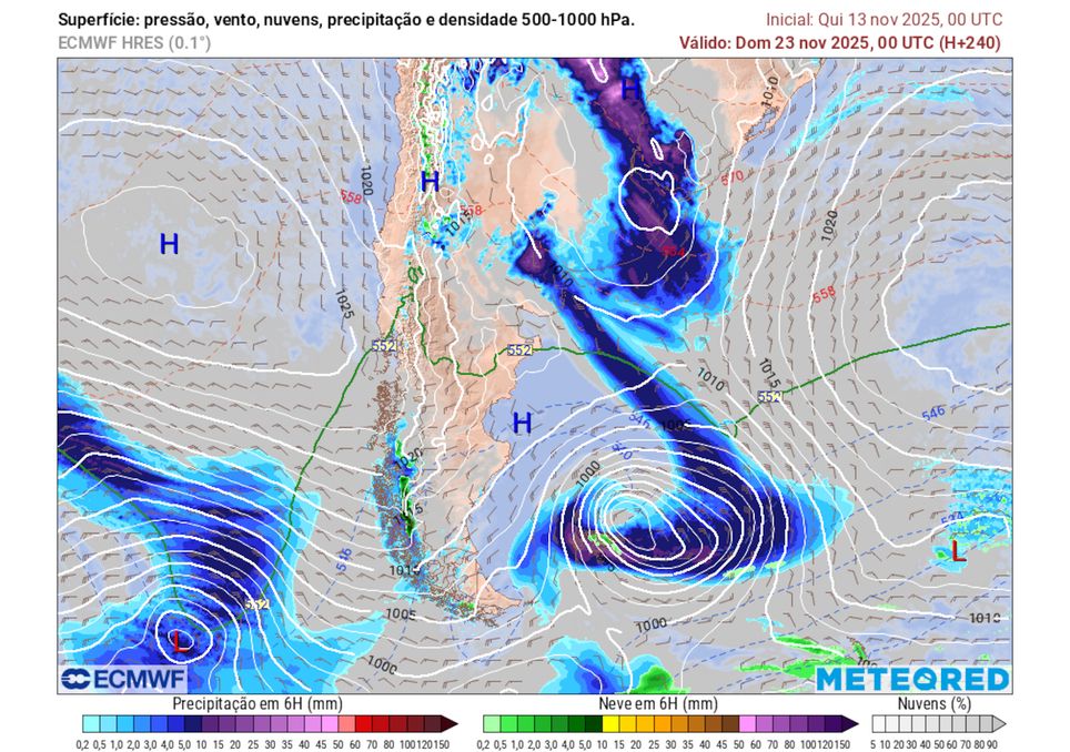 Previsão de pressão, ventos, nuvens e chuva no início do domingo dia 23.