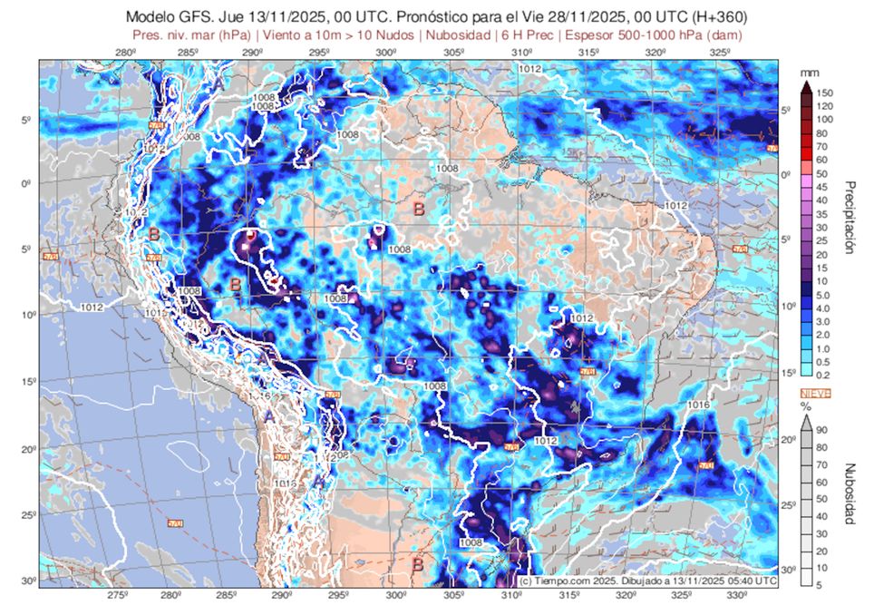 Previsão de nebulosidade, pressão e chuva para o dia 28 de novembro.