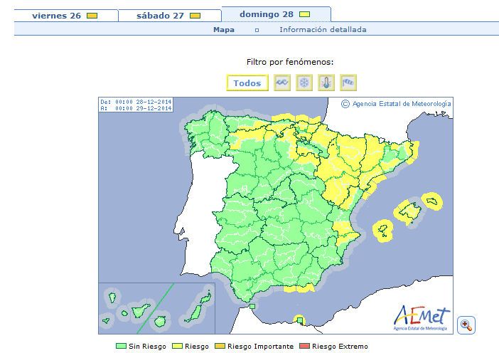 Tres Semáforos Meteorológicos Encendidos Para El 27-28 De Diciembre De 2014 Fuente: AEMET