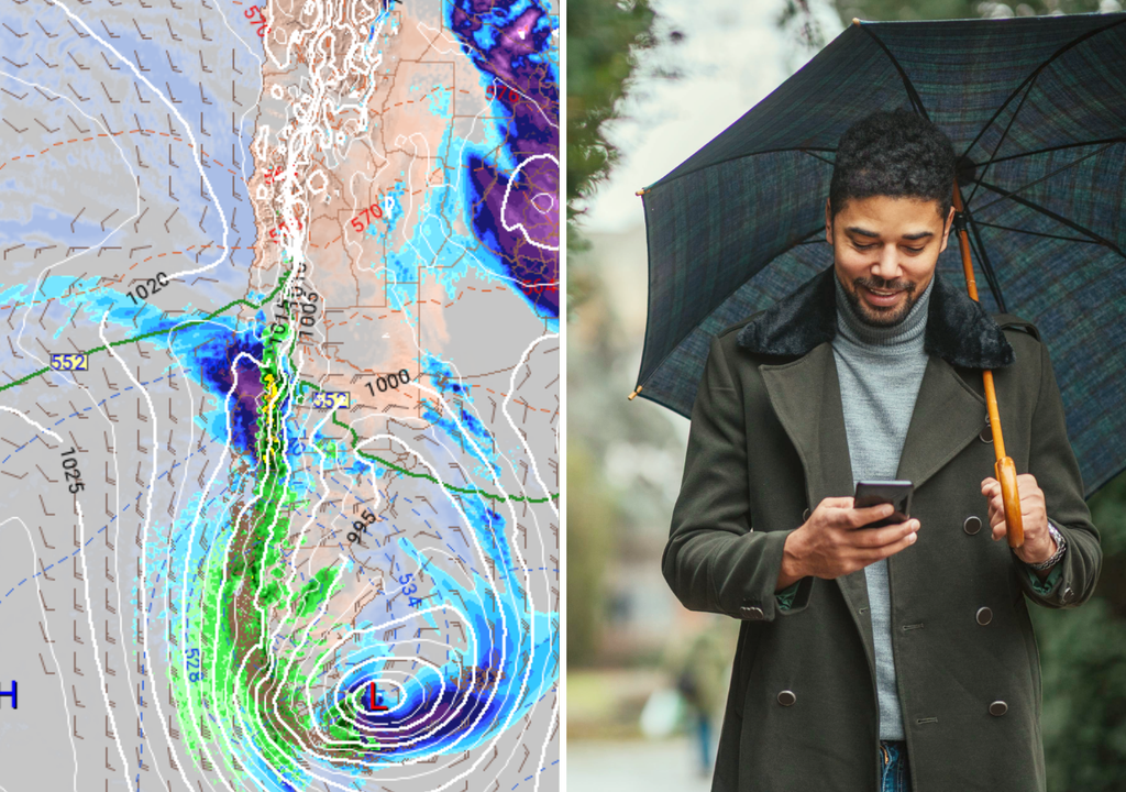 mapa de pronóstico y persona con paraguas mirando su teléfono móvil