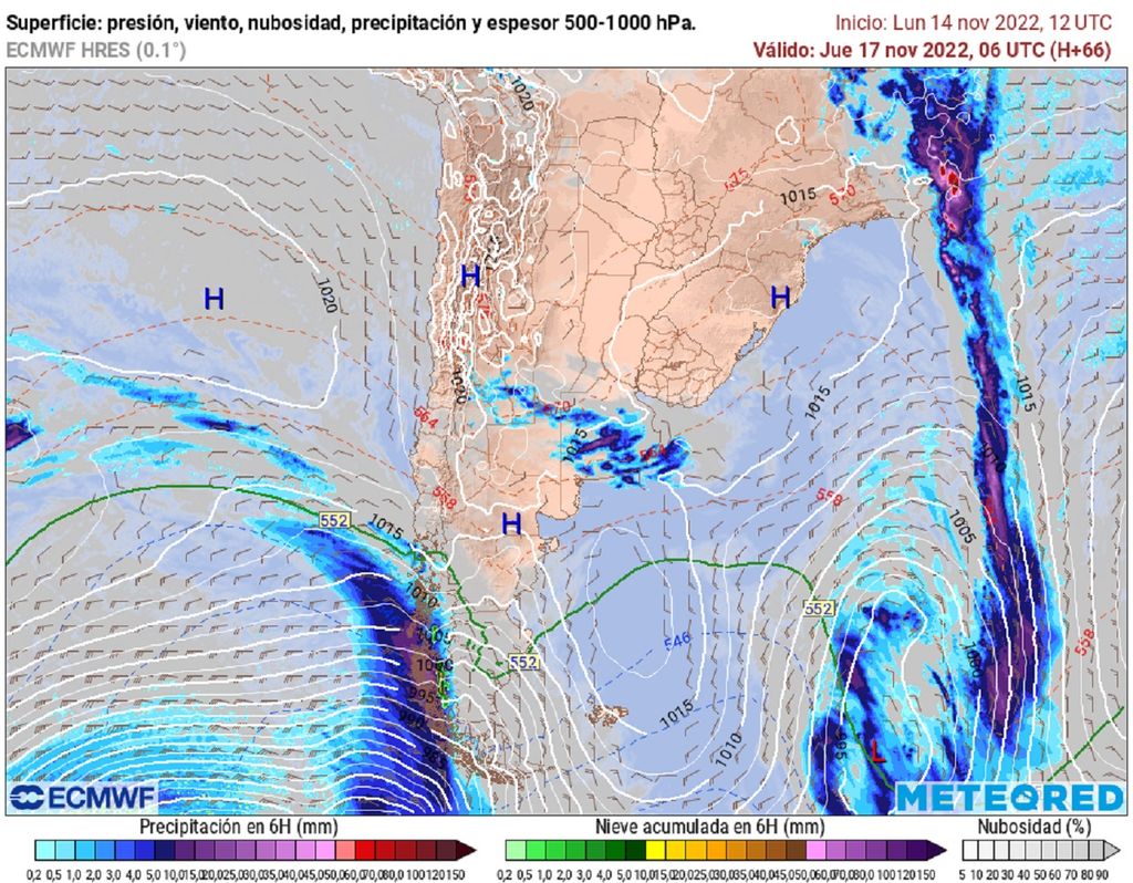 presión y precipitación prevista; modelo ECMWF presión y precipitación prevista; modelo ECMWF