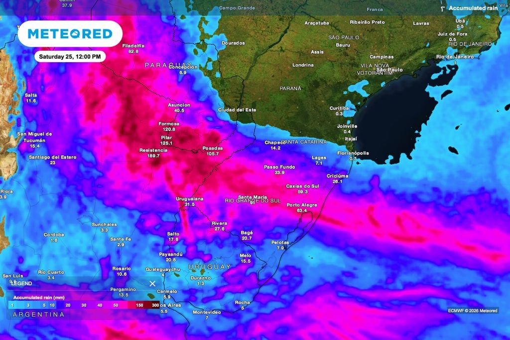 Chuva acumulada até sábado (25) mostra volumes muito elevados no Rio Grande do Sul e no entorno, enquanto o Paraná aparece com acumulados bem menores.